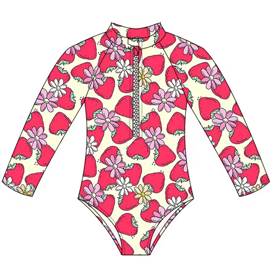 (Custom Design Preorder MOQ 5)  Flowers Strawberry Print Girls 1 Piece Long Sleeve Zipper Swimsuits