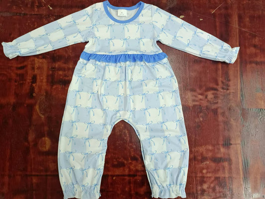 (Custom Design Preorder MOQ 3 ) Blue Bows Plaid Print Baby Girls Fall Romper