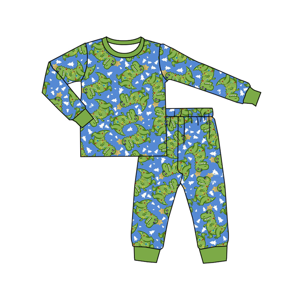 (Custom Design Preorder MOQ 5) Dino Print Boys Christmas Bamboo Pajamas Clothes Set