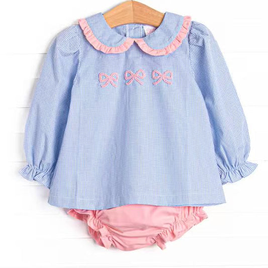 (Custom Design Preorder MOQ 5 ) Bows Blue Plaid Tunic Top Pink Shorts Baby Girls Fall Bummie Set