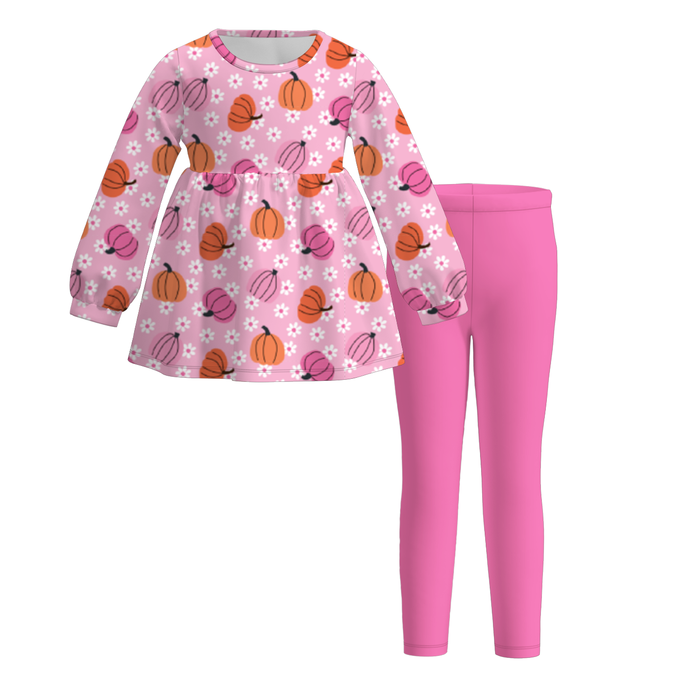 (Custom Design Preorder MOQ 5) Pumpkin Flowers Pink Tunic Top Legging Pants Girls Fall Clothes Set