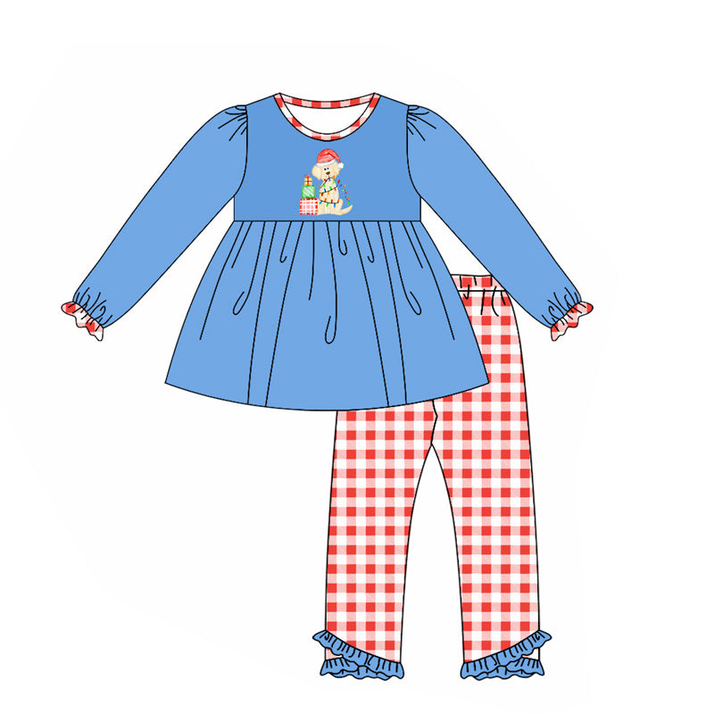 (Custom Design Preorder MOQ 5) Dog Gift Lights Blue Tunic Top Plaid Pants Girls Christmas Clothes Set