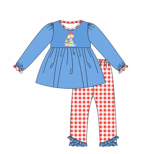 (Custom Design Preorder MOQ 5) Dog Gift Lights Blue Tunic Top Plaid Pants Girls Christmas Clothes Set