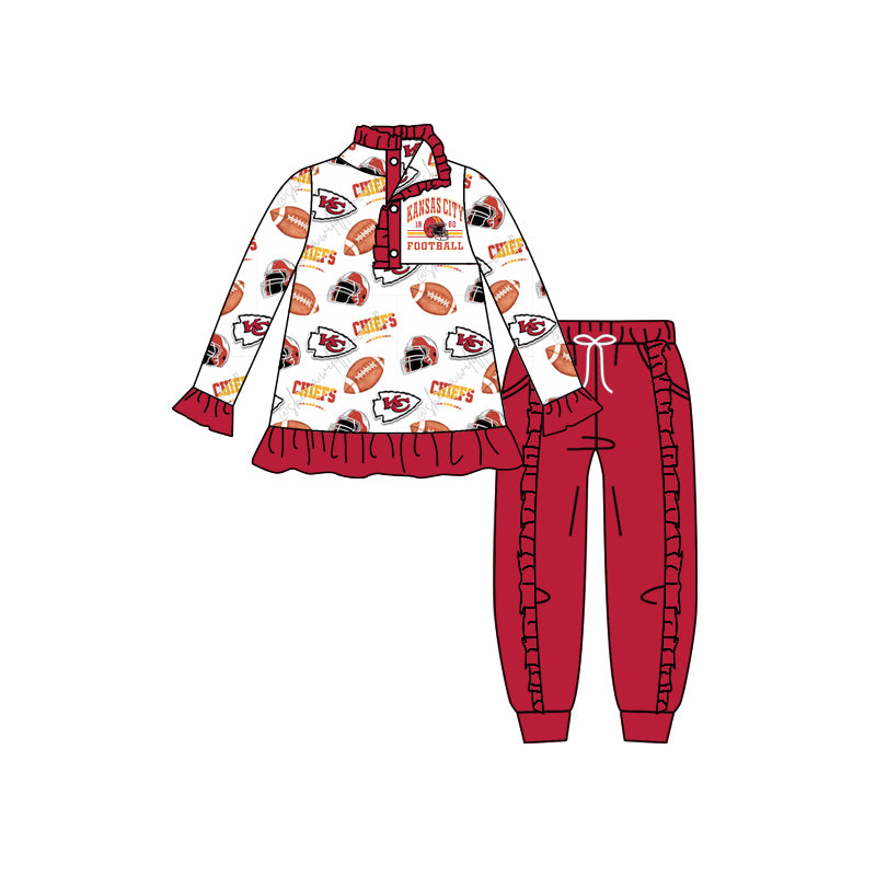 (Custom Design Preorder MOQ 5) Team's KC White Top Red Pants Girls Fall Clothes Set