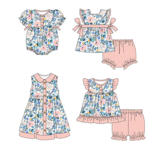 11.7(Custom Design Preorder MOQ 5 Each Design) Pink Flowers Print Girls Summer Matching Clothes Sisters Wear