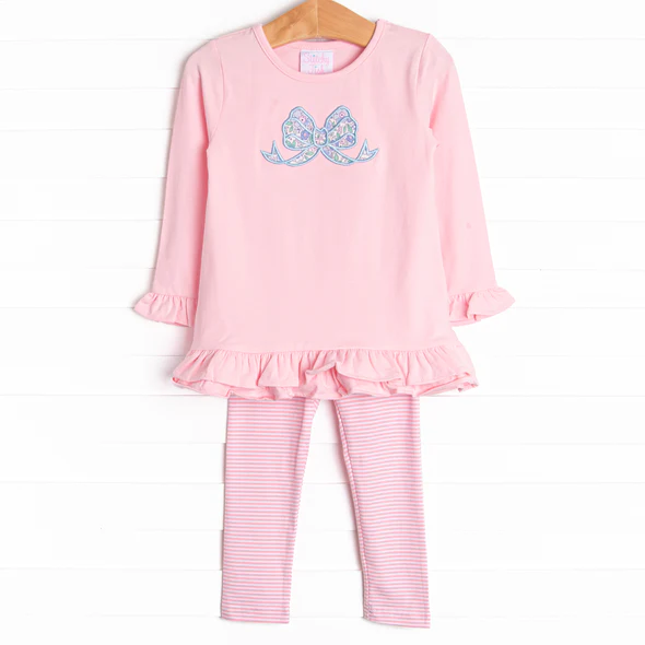 (Custom Design Preorder MOQ 5) Bow Pink Top Stripes Pants Girls Clothes Set