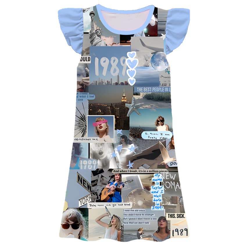 11.22(Custom Design Preorder MOQ 5) Singer Swiftie Blue Print Girls Flutter Sleeve Knee Length Dress