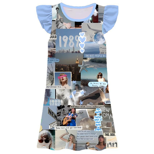 11.22(Custom Design Preorder MOQ 5) Singer Swiftie Blue Print Girls Flutter Sleeve Knee Length Dress