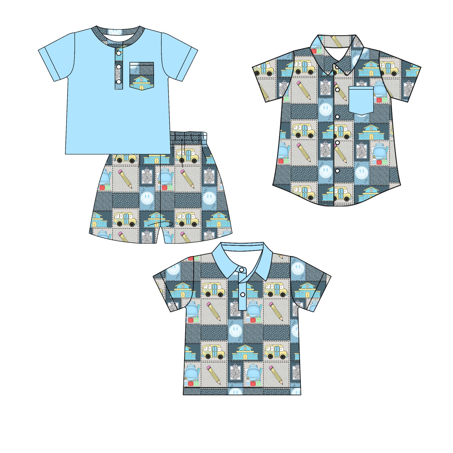 12.23 (Custom Design Preorder MOQ 5 Each Design) School Bus Pen Plaid Print Boys Back to School Matching Clothes Brothers Wear