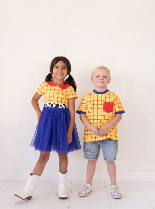 (Custom Design Preorder MOQ 5) Cartoon Yellow Plaid Print Pockets Boys Summer Tee Shirts Top