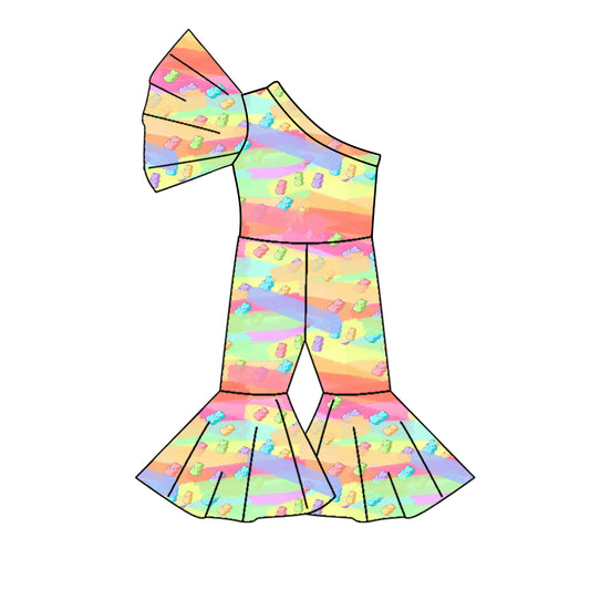 (Custom Design Preorder MOQ 5) Colorful Bunny Print Girls Easter One Shoulder Jumpsuits