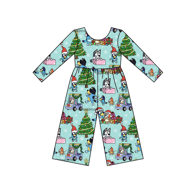 (Custom Design MOQ 5) Cartoon Dog Tree Print Girls Christmas Jumpsuits