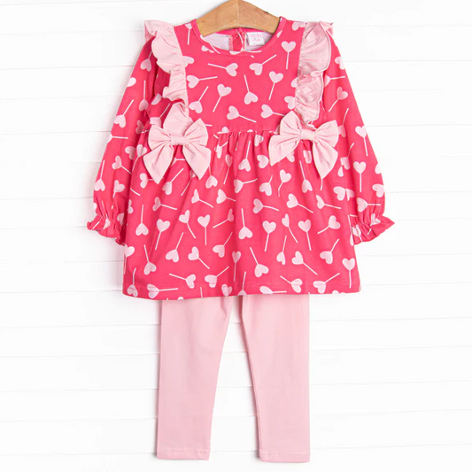 (Custom Design Preorder MOQ 5) Heart Tunic Top Pink Pants Girls Valentine's Day Clothes Set