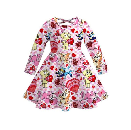(Custom Design Preorder MOQ 5) Cartoon Dog Heart XOXO Plaid Print Girls Valentine's Day Knee Length Dress