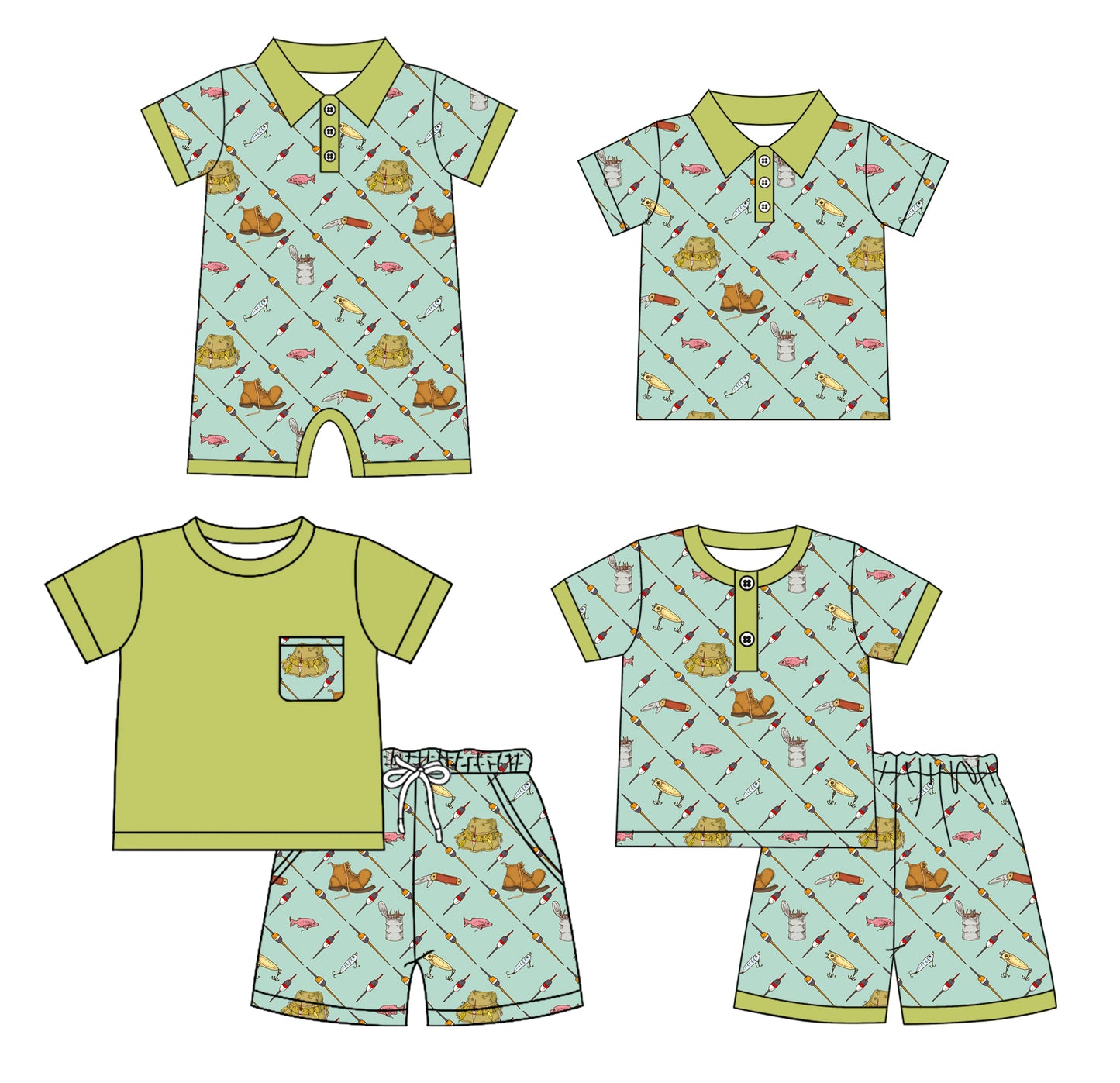 4.4(Custom Design Preorder MOQ 5 Each Design) Fishing Green Print Boys Summer Western Matching Clothes Brothers Wear