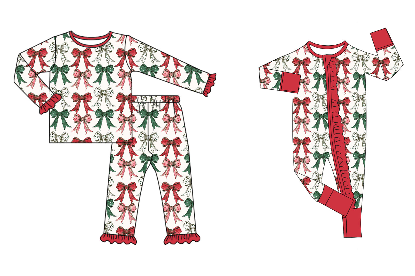 7.24 (Custom Design Preorder MOQ 5 Each Design) Red Green Bows Print Girls Christmas Pajamas Matching Clothes Sisters Wear