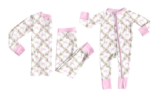 7.24 (Custom Design Preorder MOQ 5 Each Design) Small Flowers Bows Print Girls Pajamas Matching Clothes Sisters Wear