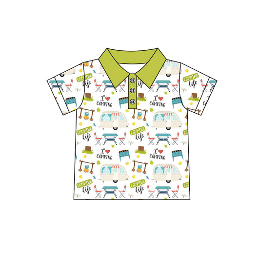 (Custom Design Preorder MOQ 5) Camper Print Boys Summer Polo Tee Shirts Top