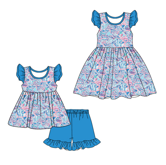 12.11(Custom Design Preorder MOQ 5 Each Design) Shell Blue Print Girls Summer Matching Clothes Sisters Wear