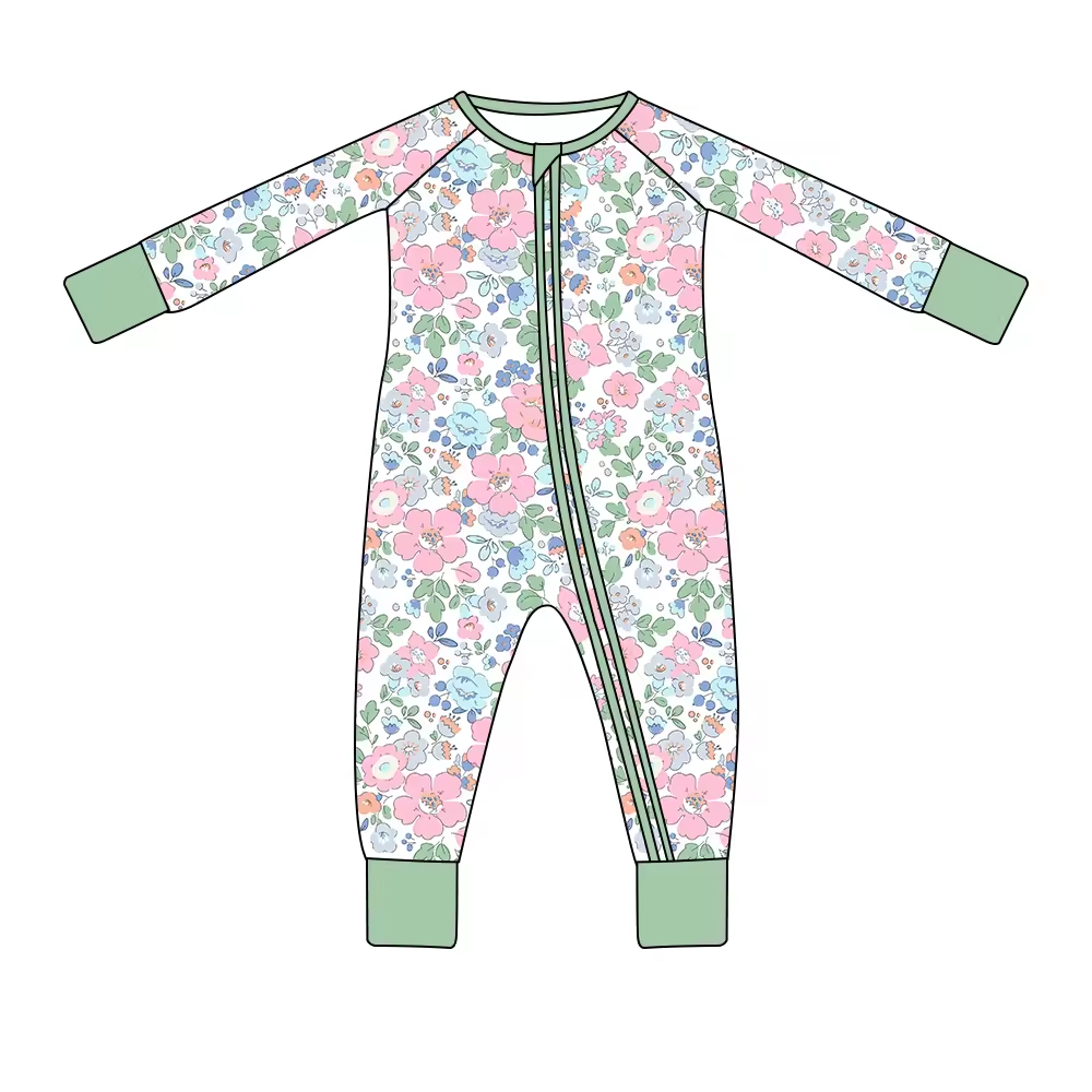 (Custom Design Preorder MOQ 5) Flowers Print Baby Girls Fall Sleeper Zipper Romper