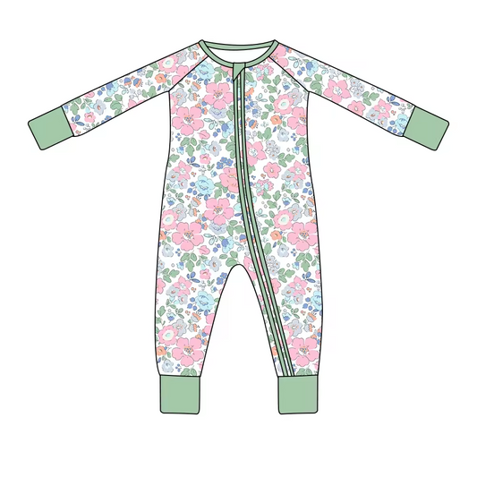 (Custom Design Preorder MOQ 5) Flowers Print Baby Girls Fall Sleeper Zipper Romper