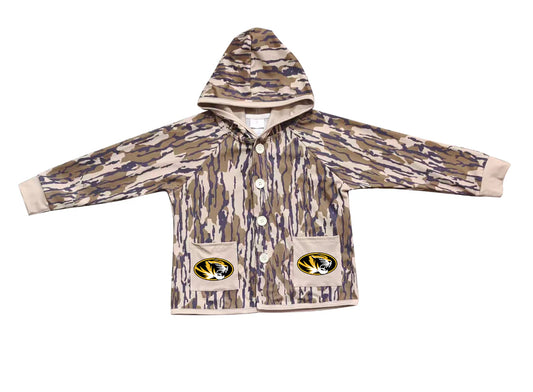 (Custom Design Preorder MOQ 5 Each Item) Team's Missouri Tigers Camo Print Pockets Buttons Kids Fall Hoodie Jackets Top Mom and Me Matching Clothes