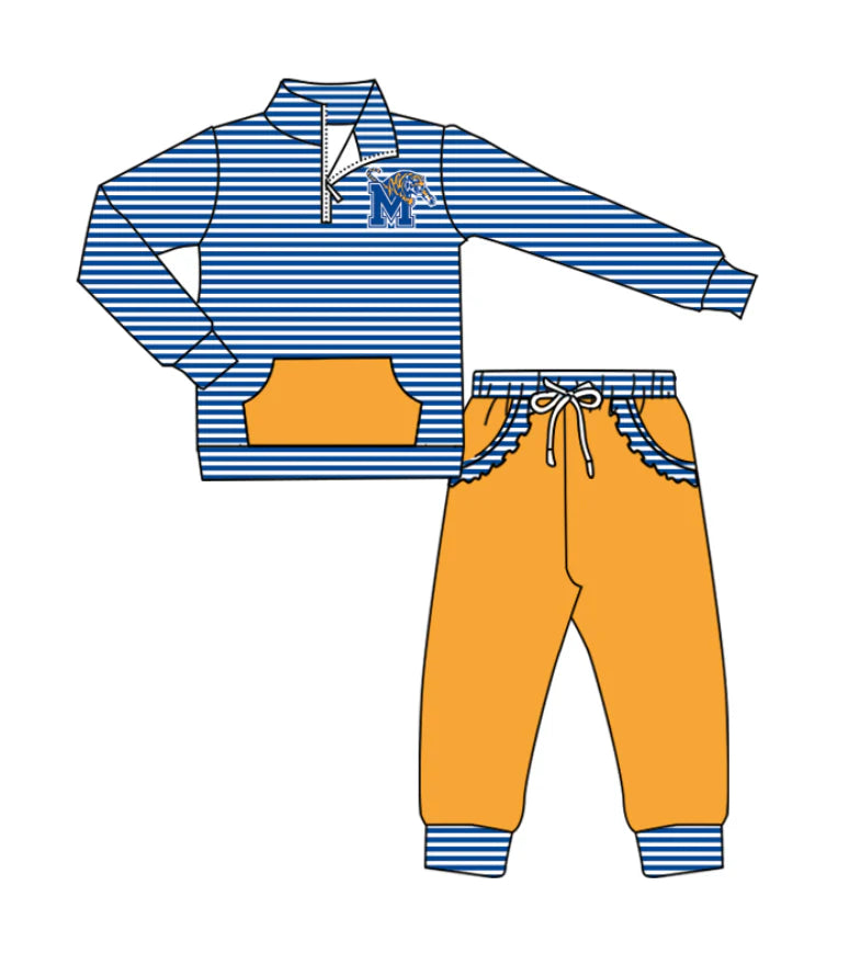 (Custom Design Preorder MOQ 5)  Team's Memphis Tigers Stripes Zipper Top Pockets Pants Girls Clothes Set