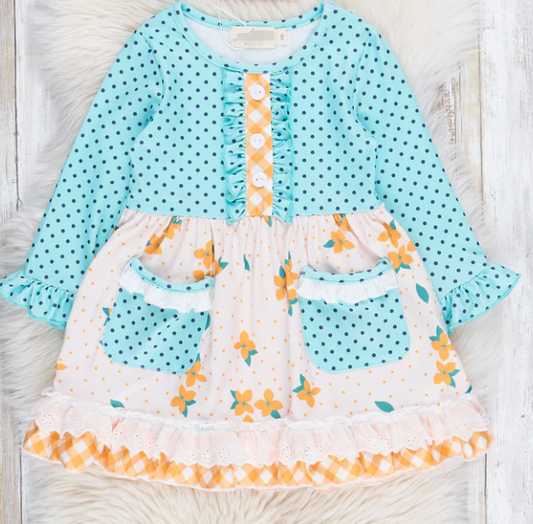 (Custom Design Preorder MOQ 5) Mustard Flowers Dots Print Pockets Girls Knee Length Fall Dress