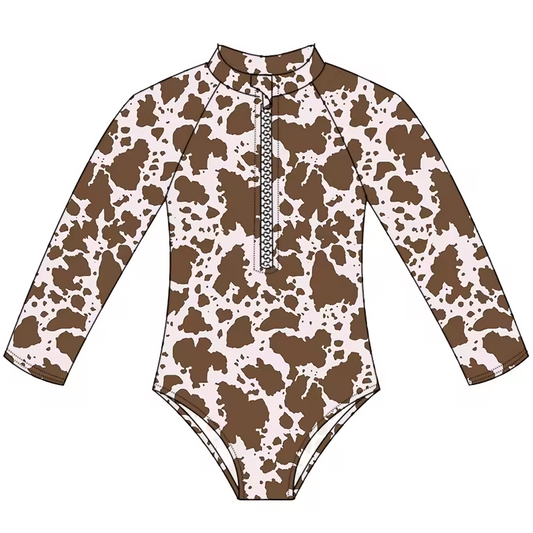 (Custom Design Preorder MOQ 5)  Brown Cowhide Print Girls 1 Piece Long Sleeve Zipper Swimsuits