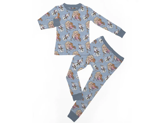 (Custom Design Preorder MOQ 5)  Cartoon Princess Gray Print Girls Fall Bamboo Pajamas Clothes Set