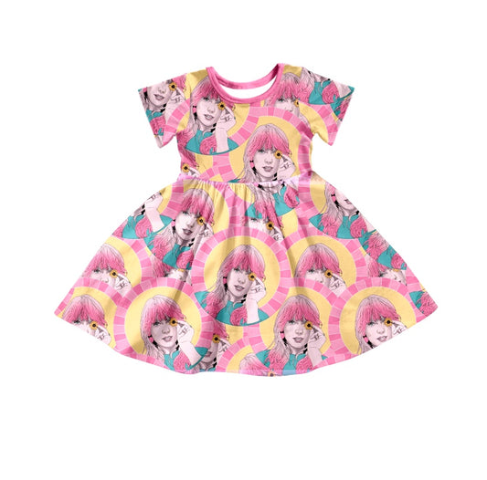 (Custom Design Preorder MOQ 5) Singer Pink Print Girls Summer Knee Length Dress