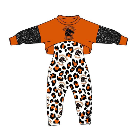 (Custom Design Preorder MOQ 5) Team's Tigers Top Leopard Jumpsuits Girls Clothes Set
