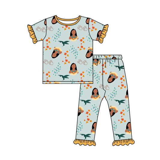 (Custom Design Preorder MOQ 5) Cartoon Princess Leaf Print Girls Pajamas Clothes Set