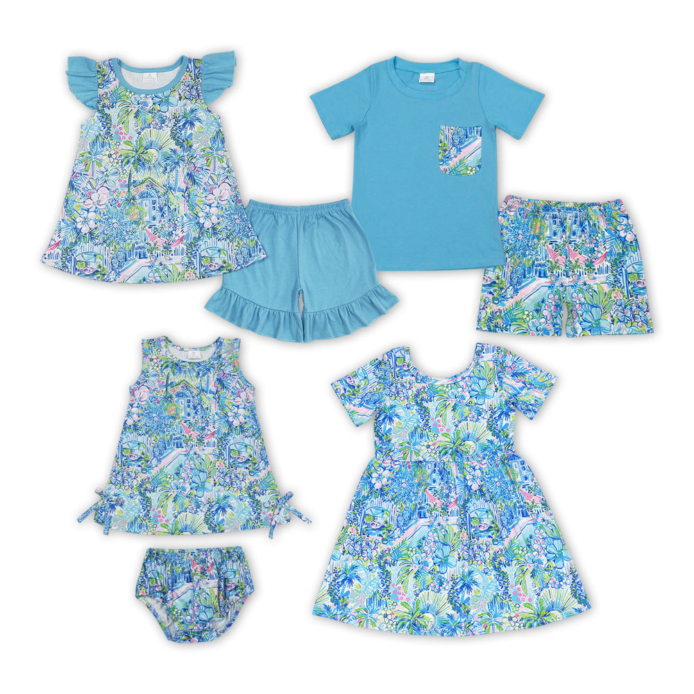 Blue Flowers House Print Sibling Summer Matching Clothes