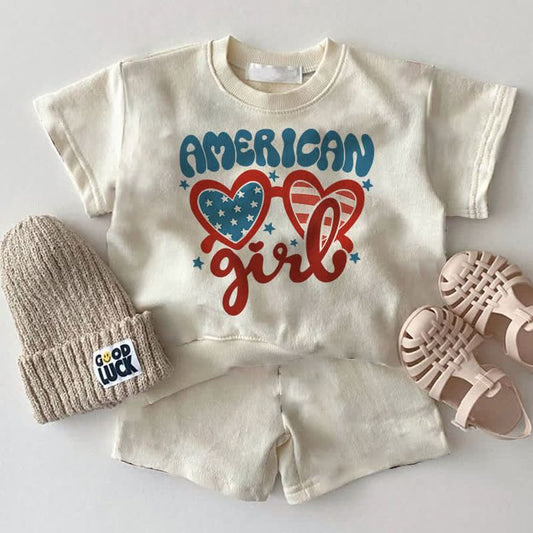 (Custom Design Preorder MOQ 5) American Girl Top Shorts Girls 4th of July Clothes Set