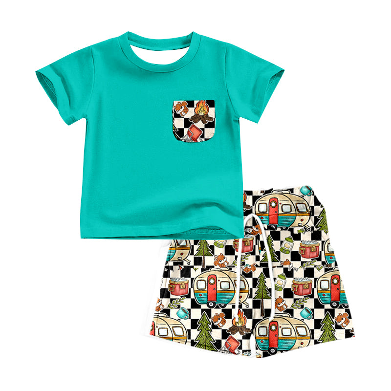(Custom Design Preorder MOQ 5) Green Pocket Top Camper Shorts Boys Summer Clothes Set