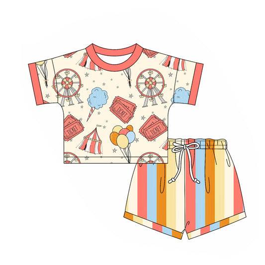 2.24(Custom Design Preorder MOQ 5) TICKET Top Stripes Shorts Kids Summer Clothes Set