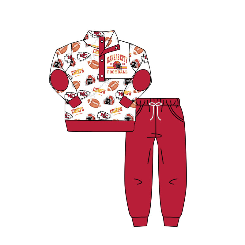 (Custom Design Preorder MOQ 5) Team's KC White Top Red Pants Boys Fall Clothes Set