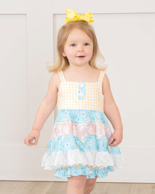 (Custom Design Preorder MOQ 5)  Flowers Tunic Top Plaid Shorts Girls Summer Clothes Set