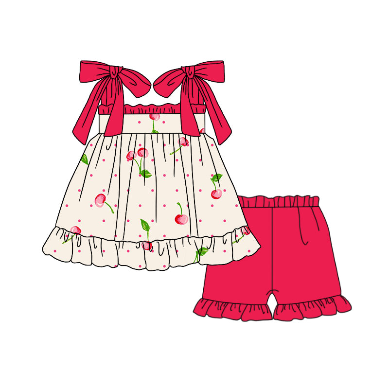 (Custom Design Preorder MOQ 5) Cherry Print Top Ruffle Shorts Girls Summer Clothes Set