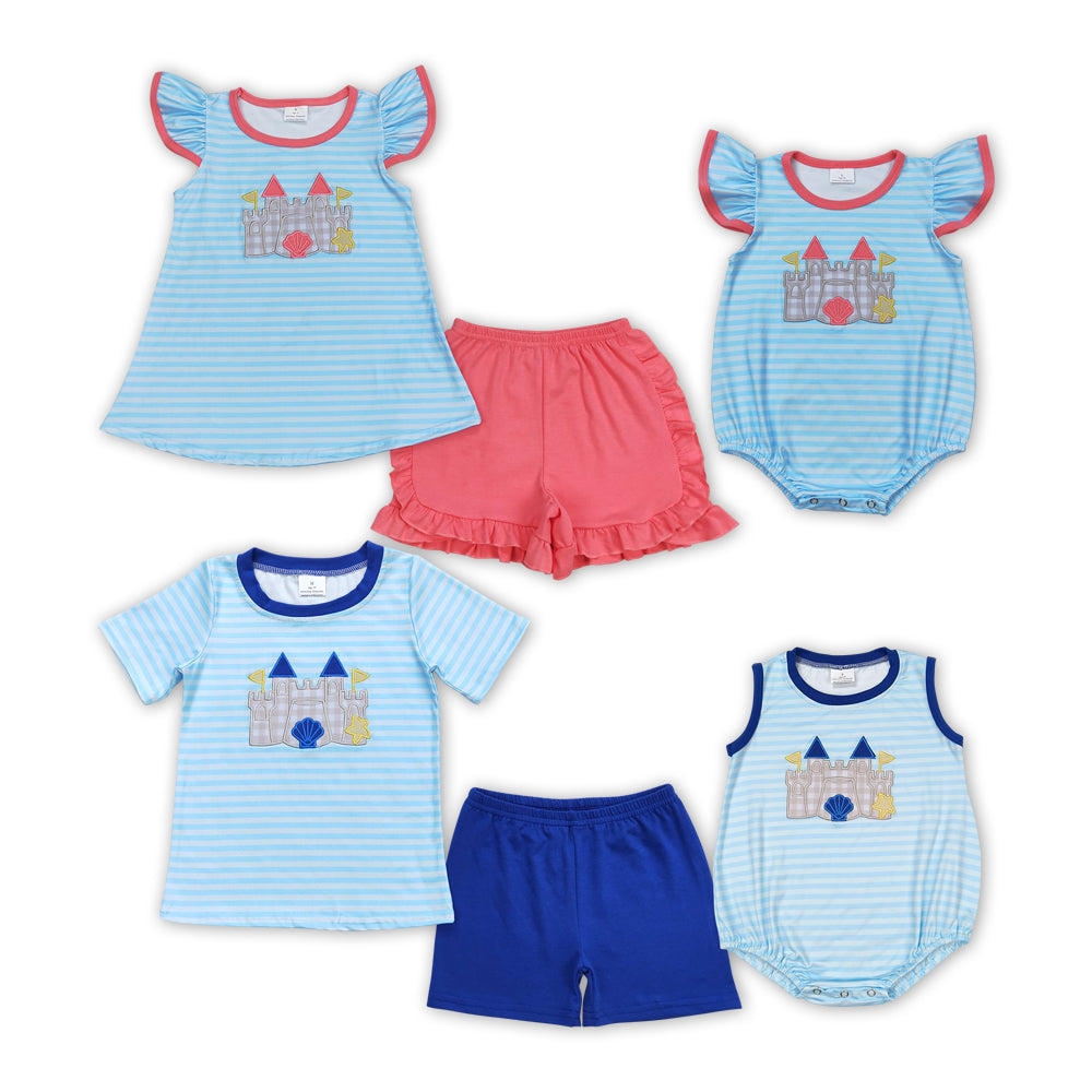 Beach Castle Embroidery Stripes Print Sibling Summer Matching Clothes