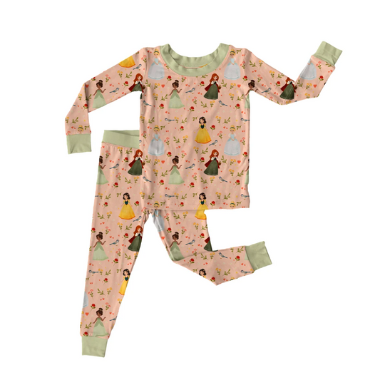 (Custom Design Preorder MOQ 5) Cartoon Princess Flowers Print Girls Fall Pajamas Bamboo Clothes Set