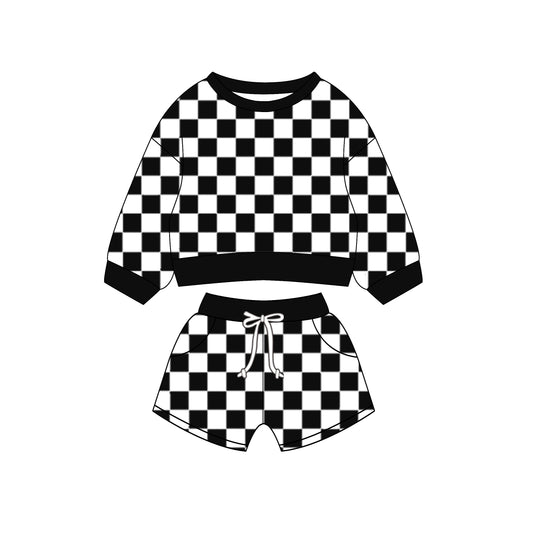 (Custom Design Preorder MOQ 5) Black Plaid Long Sleeve Top Pockets Shorts Girls Clothes Set