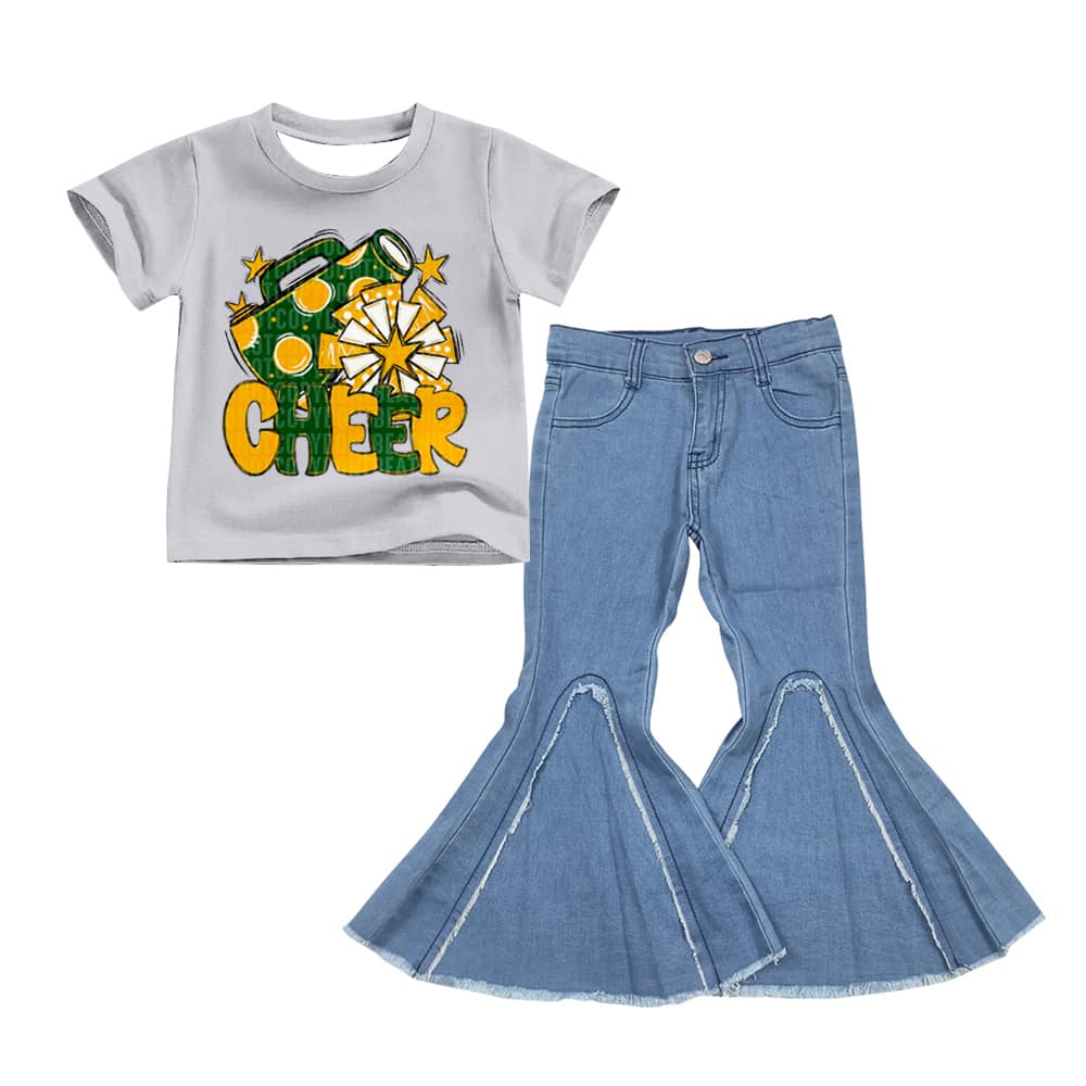 (Custom Design Preorder MOQ 5) D6-29 Cheer Yellow Star Top Blue Bell Jeans Girls Clothes Set