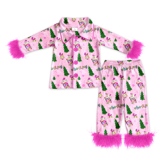 (Custom Design Preorder MOQ 5) Green Frog Pink Print Girls Christmas Buttons Fur Pajamas Clothes Set