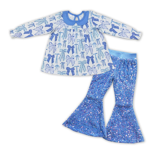 GLP1718 Blue Bows Top Blue Sequin Bell Pants Girls Fall Clothes Set