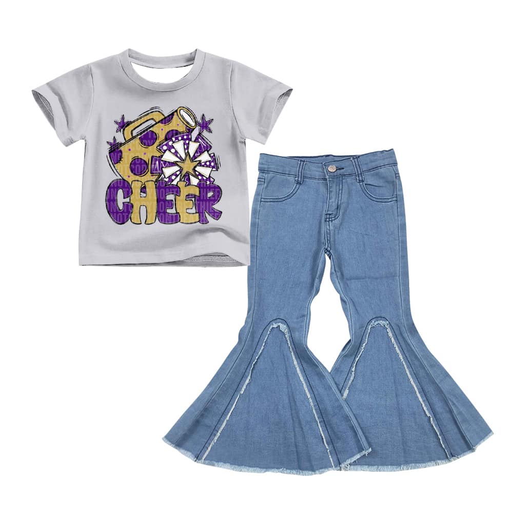 (Custom Design Preorder MOQ 5) D6-29 Cheer Purple Star Top Blue Bell Jeans Girls Clothes Set