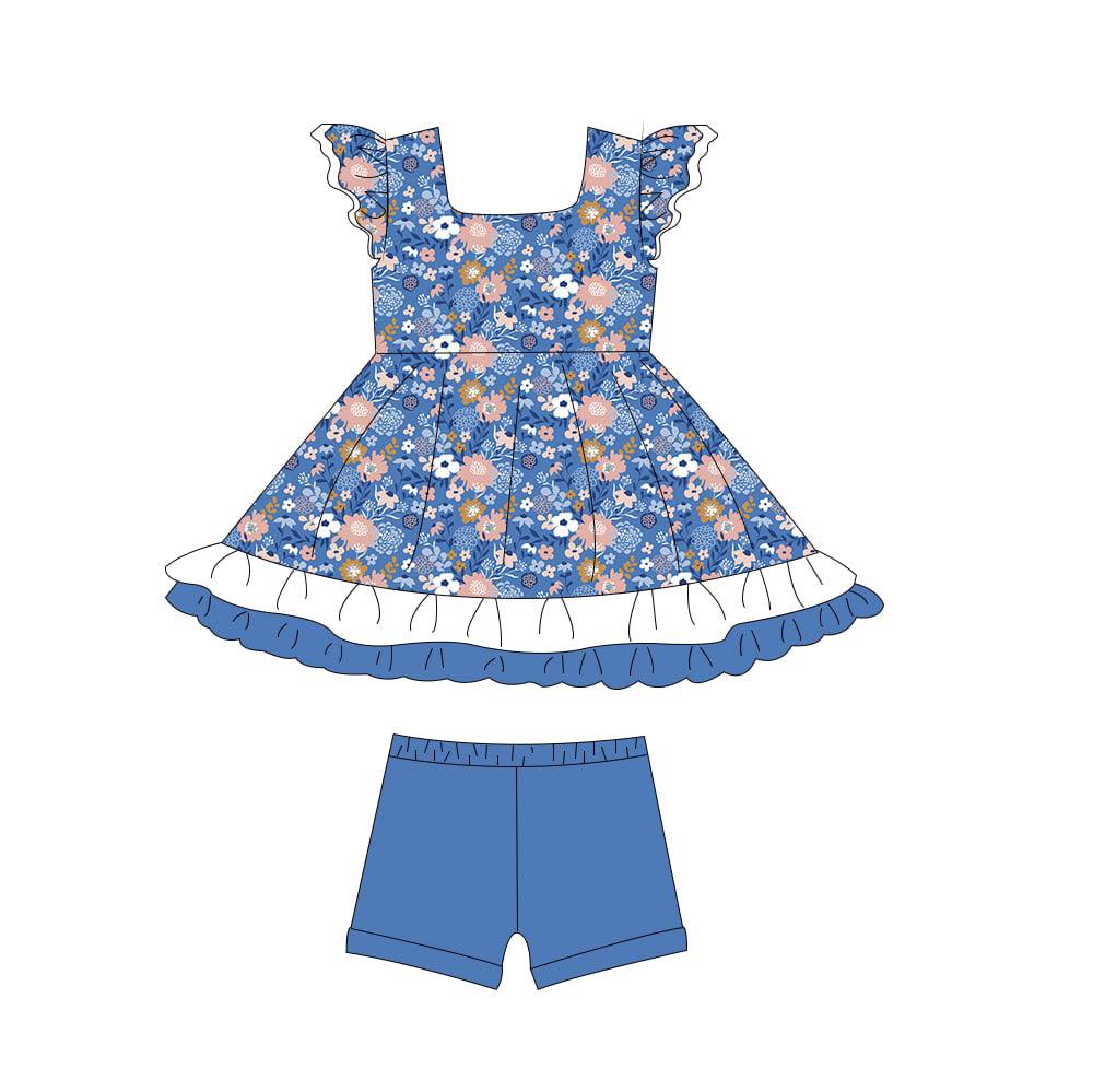 (Custom Design Preorder MOQ 5) Flowers Tunic Top Blue Shorts Girls Summer Clothes Set