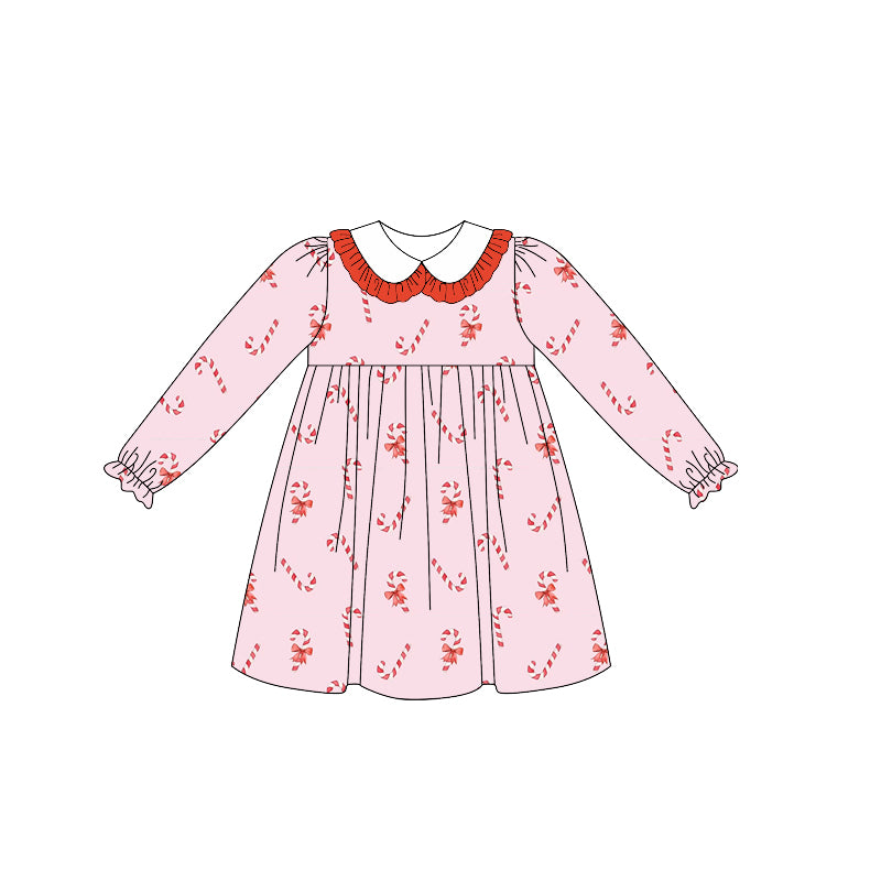 (Custom Design Preorder MOQ 5 ) Candy Cane Pink Print Girls Christmas Knee Length Dress