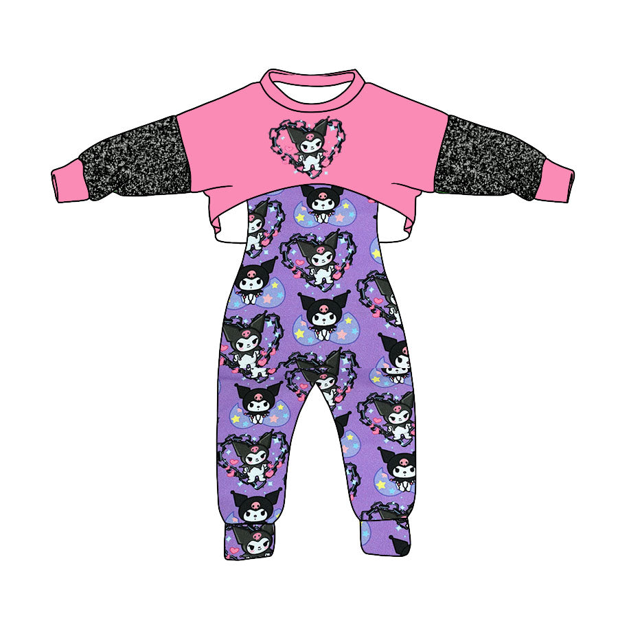 (Custom Design Preorder MOQ 5) Cartoon Animals Purple Print Jumpsuits Girls Fall Clothes Set